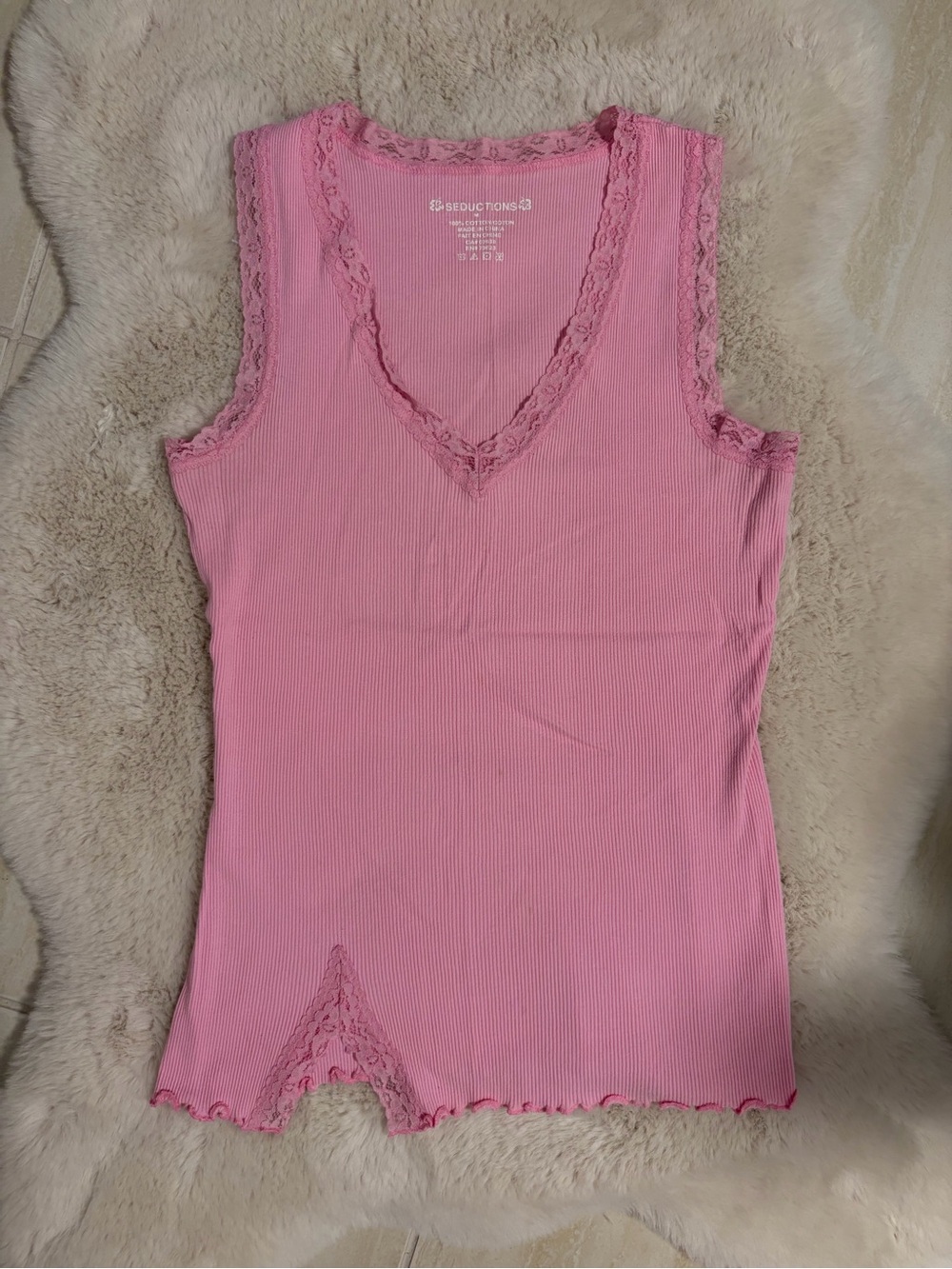 Pink Ribbed Lace-Trim V-Neck Tank Top